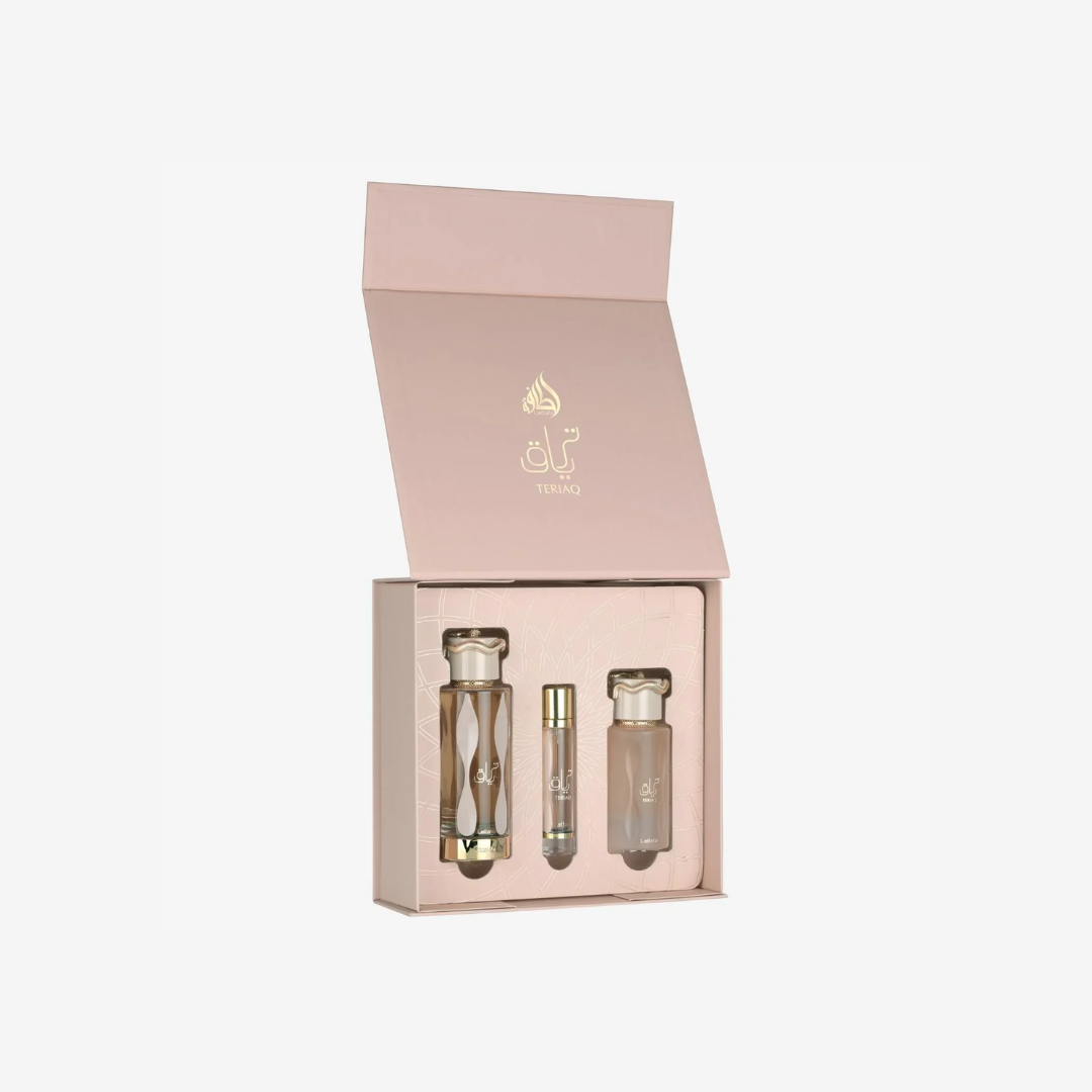 Teriaq Set by lattafa for Women and Men 3 Piece – 100ml + 50ml + 12ml